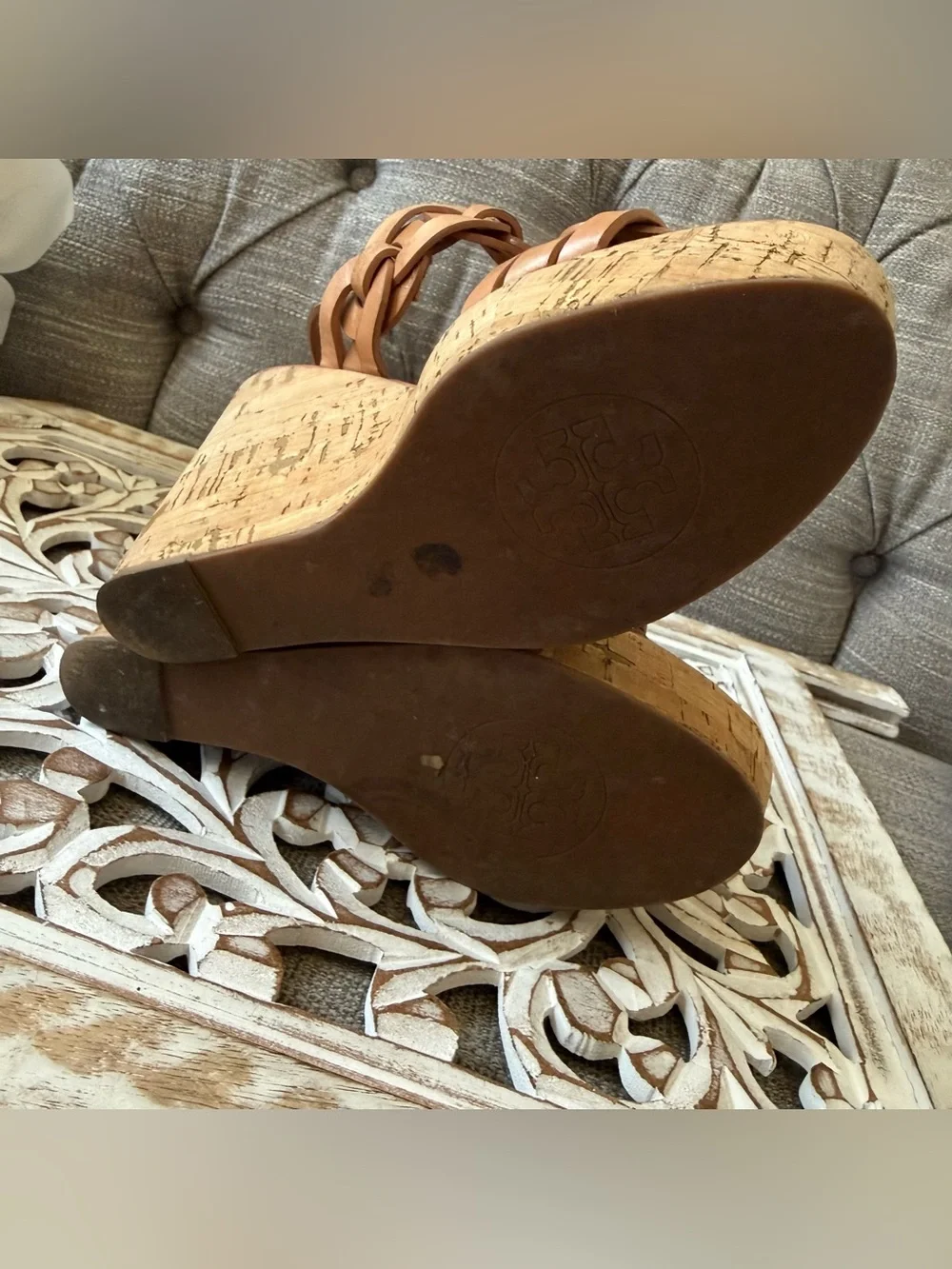 Tory Burch Tan Woven Leather Cork Wedge Sandals Shoes Women’s 8.5